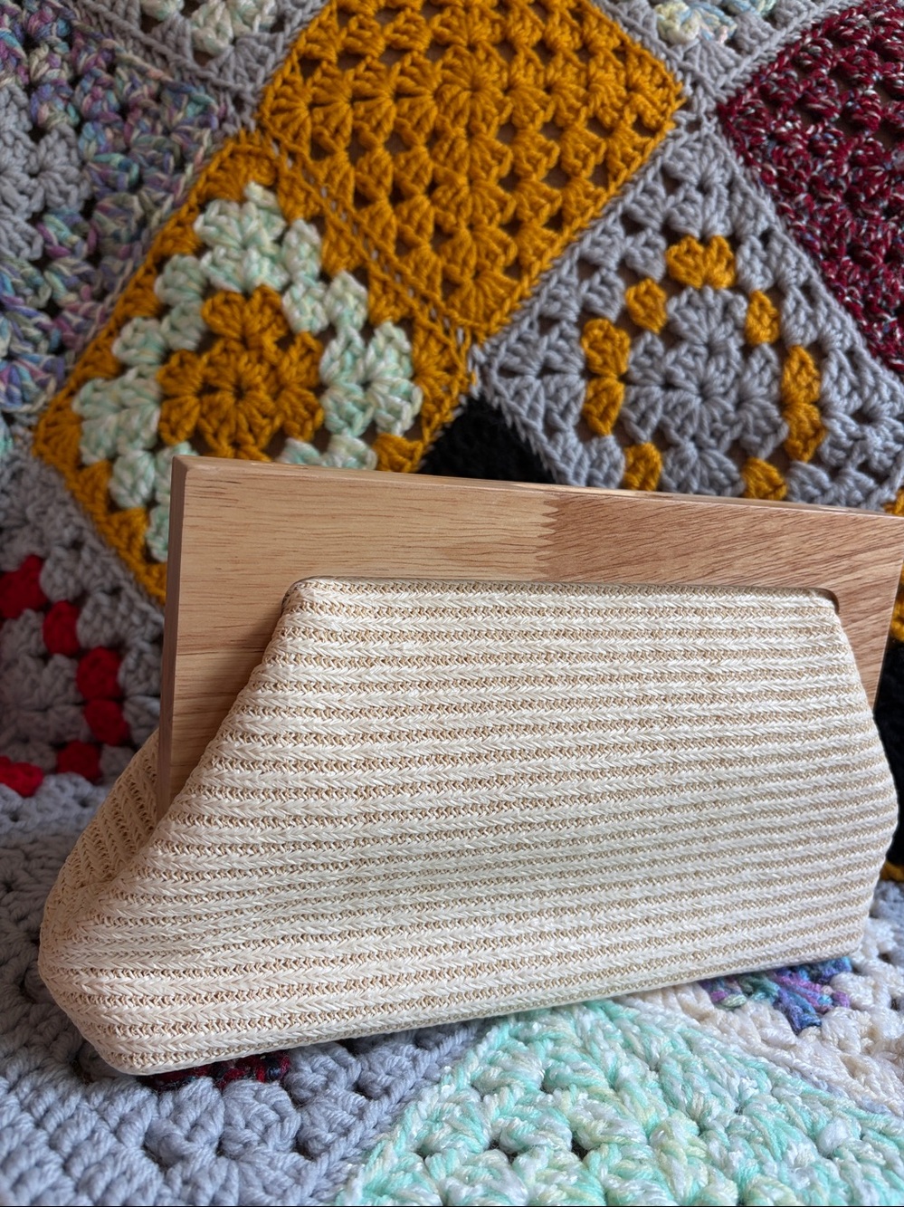 NEW Haute Hippie Woven Straw Look Clutch Crossbody Wooden Handle Closure